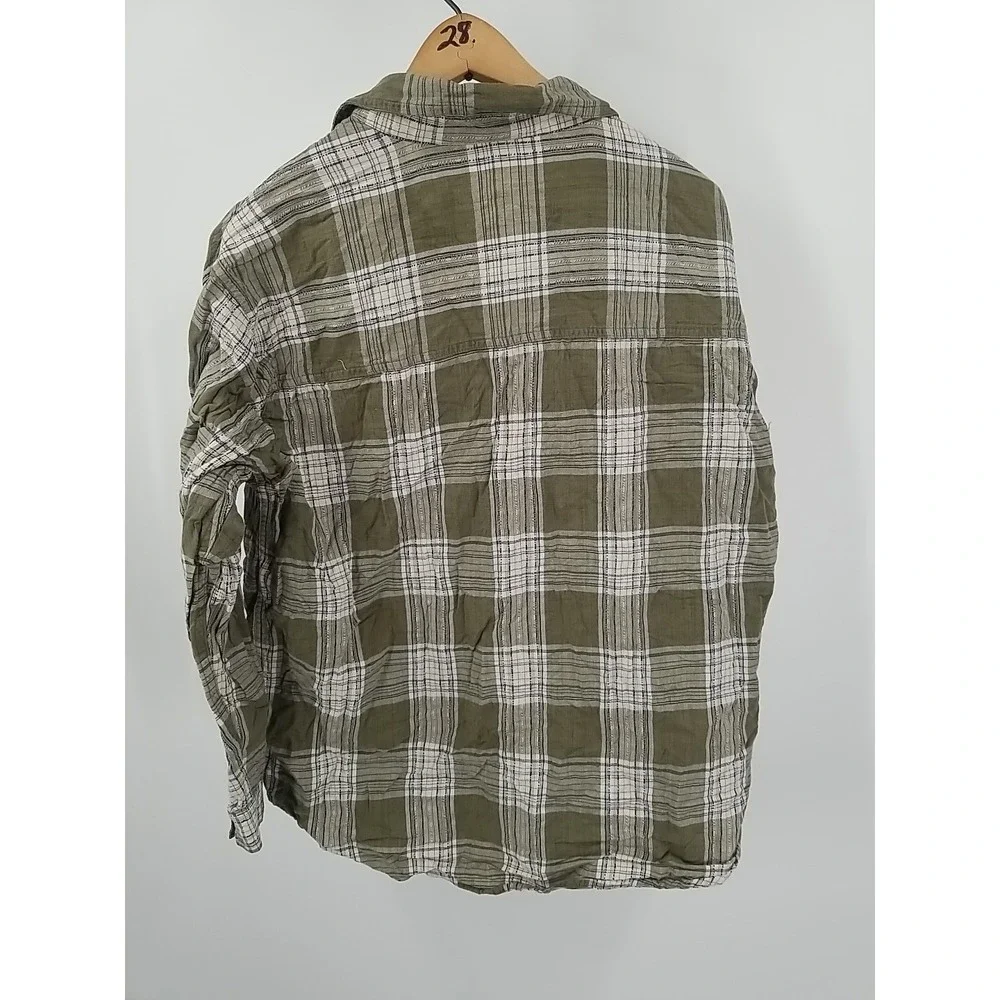 Basic Editions Womens Large Plaid Long Sleeve Button Up Shirt Green White